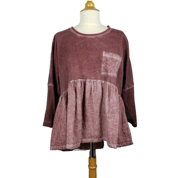 Anthropologie Postmark Linen & French Terry Top S Baby Doll Mixed Media Hi Low - Picture 1 of 9